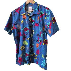 Topo Designs Mens Blue Tour Floral Organic Cotton Short Sleeve Button Up Shirt M